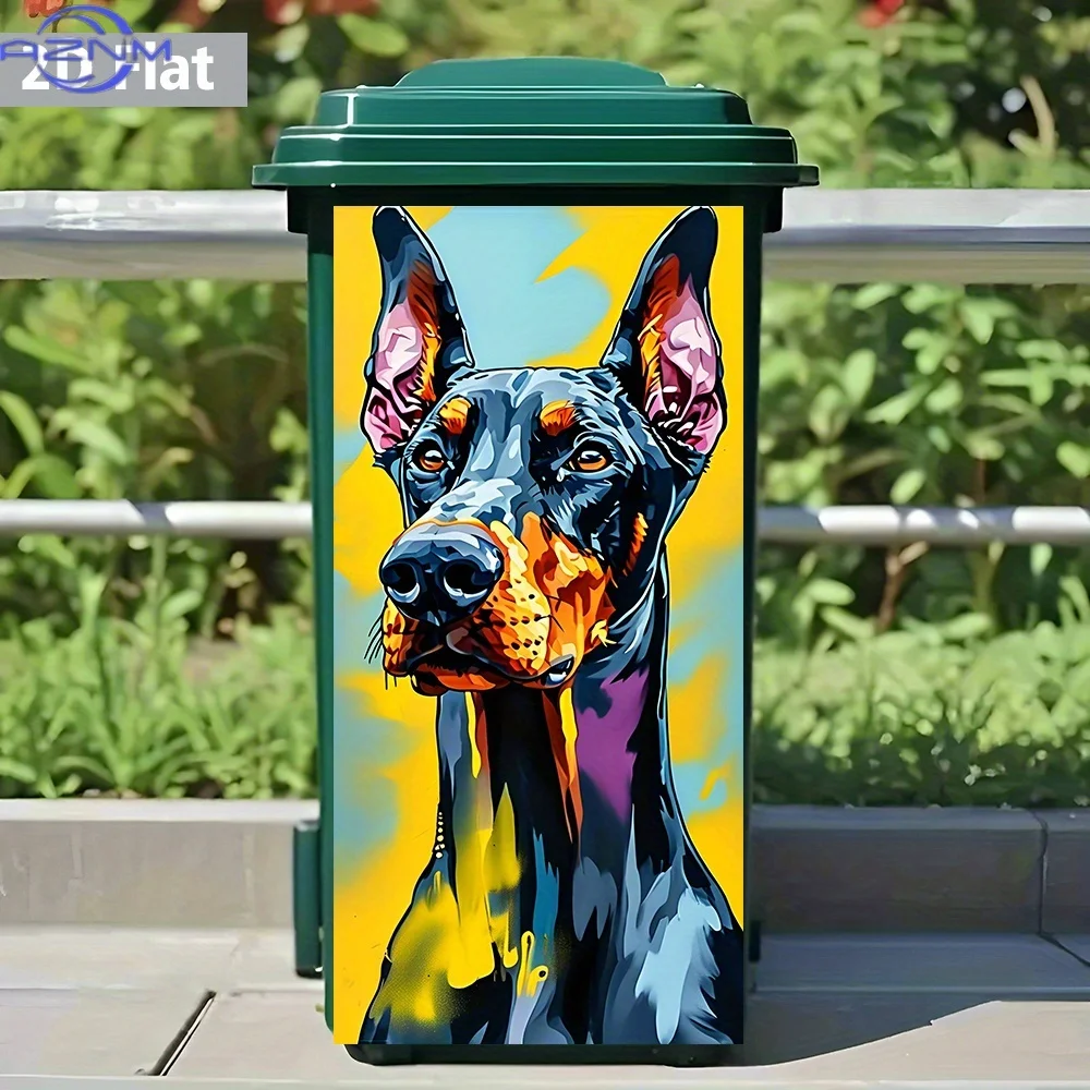 PVC Trash Can Sticker Featuring a 2D Flat Colorful Splatter Doberman – Waterproof And Removable with a Back Adhesive, Perfect