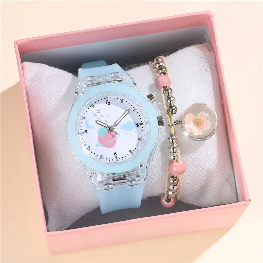 LED Luminous Bracelet Watch Set For Kids Girls Fashion Birthday Gifts Student Wristwatch With The Beaded bracelet