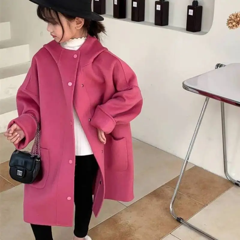 Girls Double Sided Cashmere 2023 Autumn and Winter New Fashion Coat Children Woolen Fabric Mid Length Korean Edition Coat