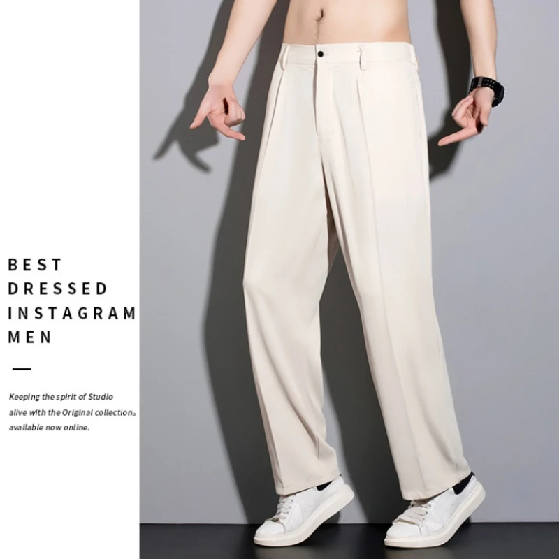 Men's Business Formal Suit Pants Korean Fashion Streetwear Draped Straight Slacks Loose Beige Dress Trousers Male Workwear Pants