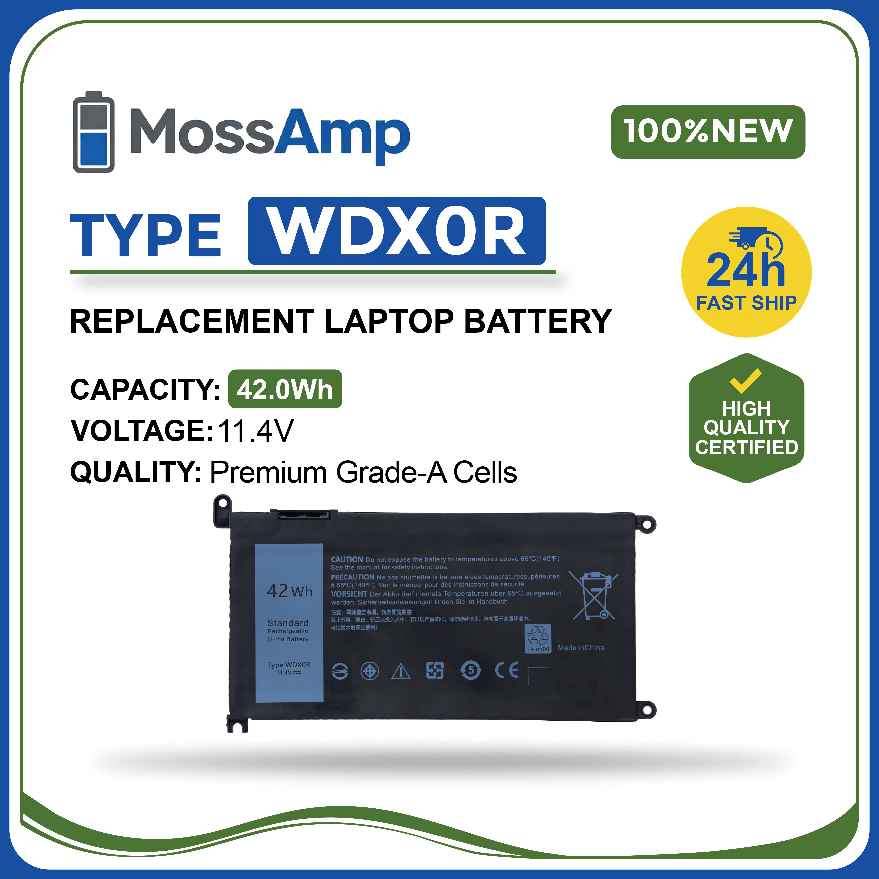 MossAmp 11.4V 42WH WDX0R 노트북 배터리 (Vostro Inspiron 13 5368 5378 5379 14 7460 7472 15 5567 5570 5579 5468 5568 GXVJ3 호환)