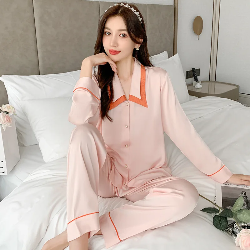 

Solid Color High-End Pajama Set for Women's Fashionable Lapel Sleepwear Spring Autumn New Casual Nightwear Loose Home Clothing