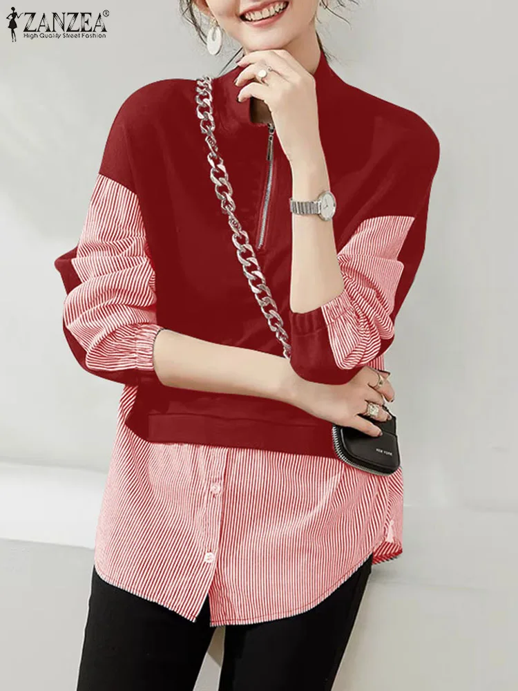 ZANZEA Elegant Office Lapel Neck Shirts Fashion Sweatshirt Women Zipper Stripes Long Sleeve Tops Korean Loose Patchwork Tunics