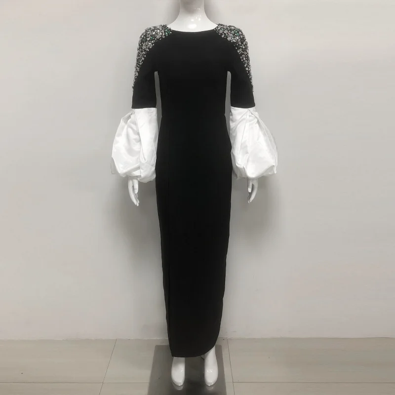 

Новая мода с тяжелой вышивкой, великолепное элегантное вечернее платье с пышными рукавами, длинное платье для банкета и бандажа