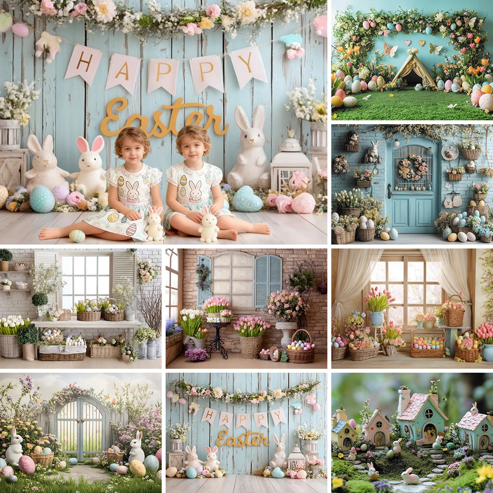 Ostern Indoor Fenster Fotografie Hintergrund Frühling Gras Zelt Blume Kaninchen Eier Kinder Familie Porträt Hintergrund Foto Studio Prop