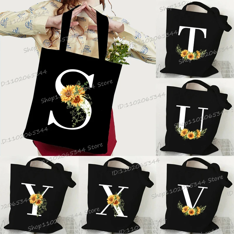 

Creative Sunflower Alphabet A-Z Women Canvas Black Shoulder Bags Harajuku Floral Surname Letter Tote Bags Foldable Handbags