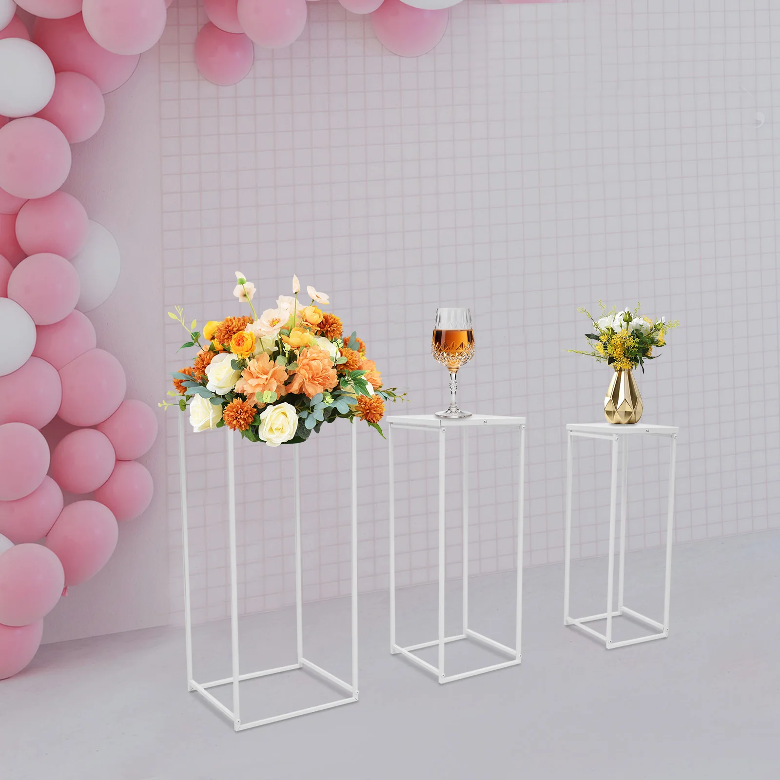 

Set of 3 Metal Pedestal Stands Rectangular Wedding & Party Display Columns for Floral Arrangements Event Decor & Centerpieces