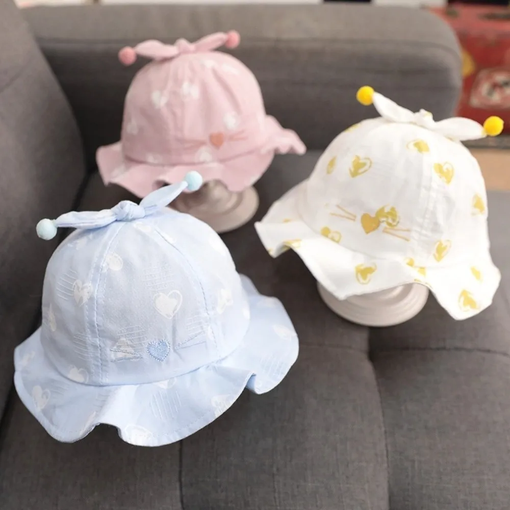 

Adjustable Heart Print Infant Bucket Hat Bow Pleated Baby Sun Hat Ball Wide Brim Toddle Fisherman Hat Girls