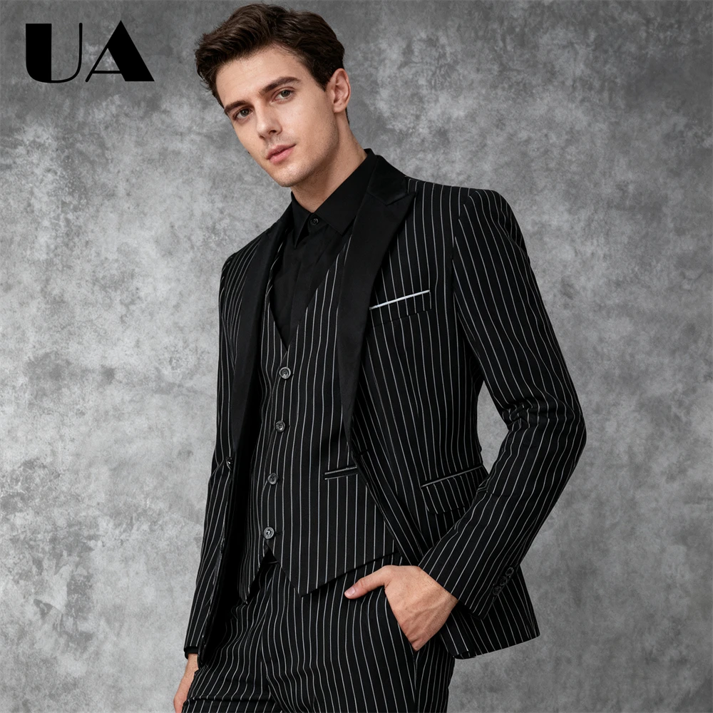 

Classic Stripe Suit Set for Men Three Pieces (Jacket Vest Pants) Plus Big Man Formal Suit Tailored Size XSS-7XL Party Suits