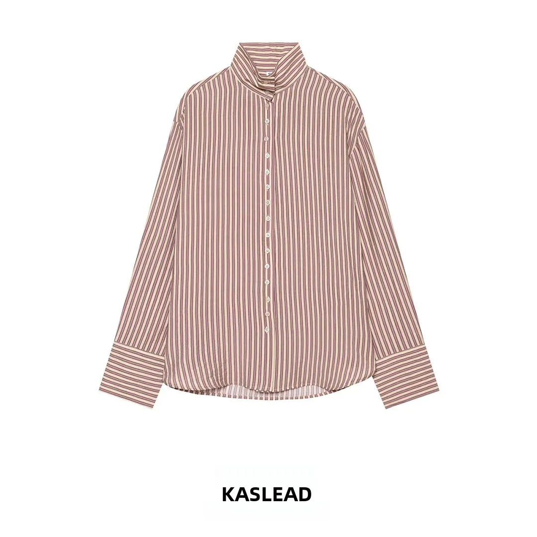 KASLEAD Women's Stripe Shirt Stand Collar Long Sleeve Polyester Fiber Resistant to Deformation Autumn 2026 Fashion Trend