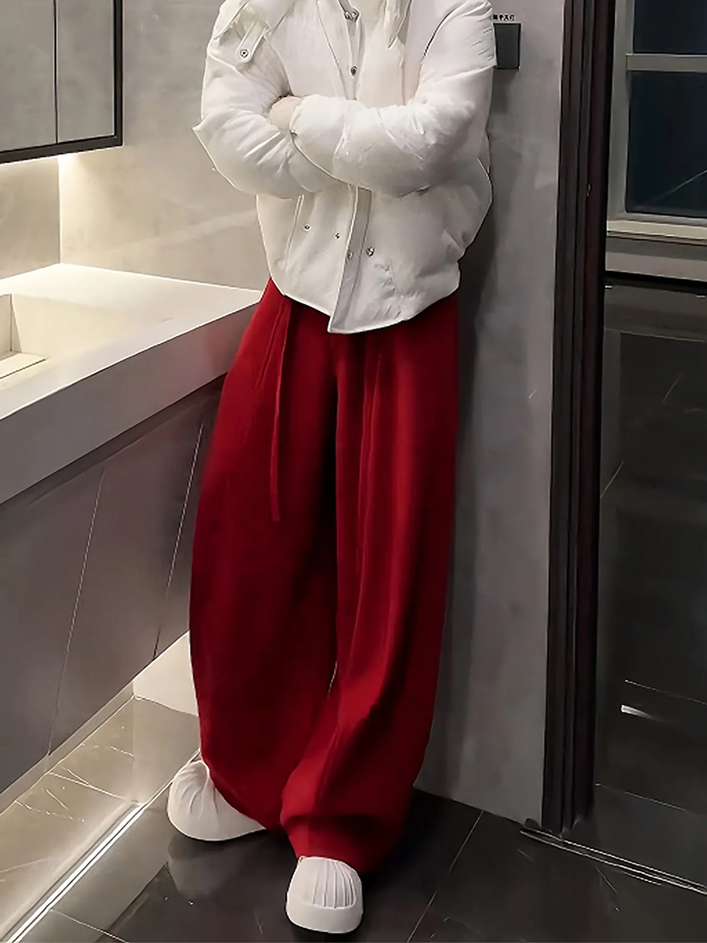 

Red Wide Leg Pants Men's Winter Casual Straight Leg Sweatpants Fce Lined Lazy Sle Drapey Loose Fit Long Trousers