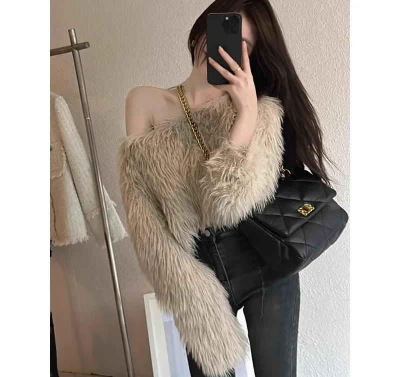 

Корейский стиль, высокая талия, облегающий меховой свитер с длинными рукавами и завязками на плечах, короткий модный