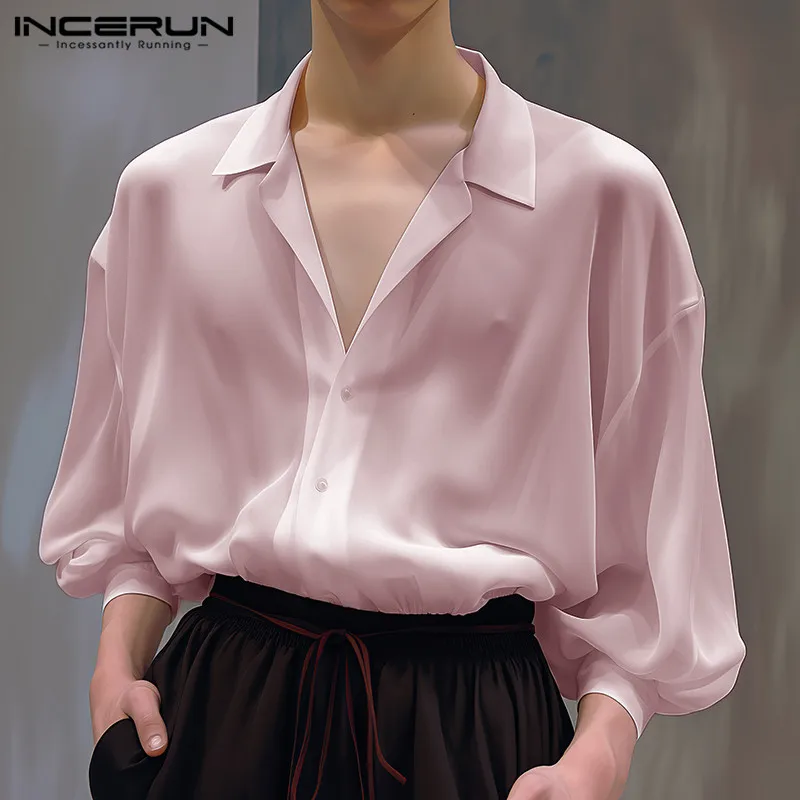 INCERUN Men Shirt Solid Color Lapel Long Sleeve Loose 2024 Casual Thin Shirts Streetwear Transparent Fashion Men Clothing S-5XL