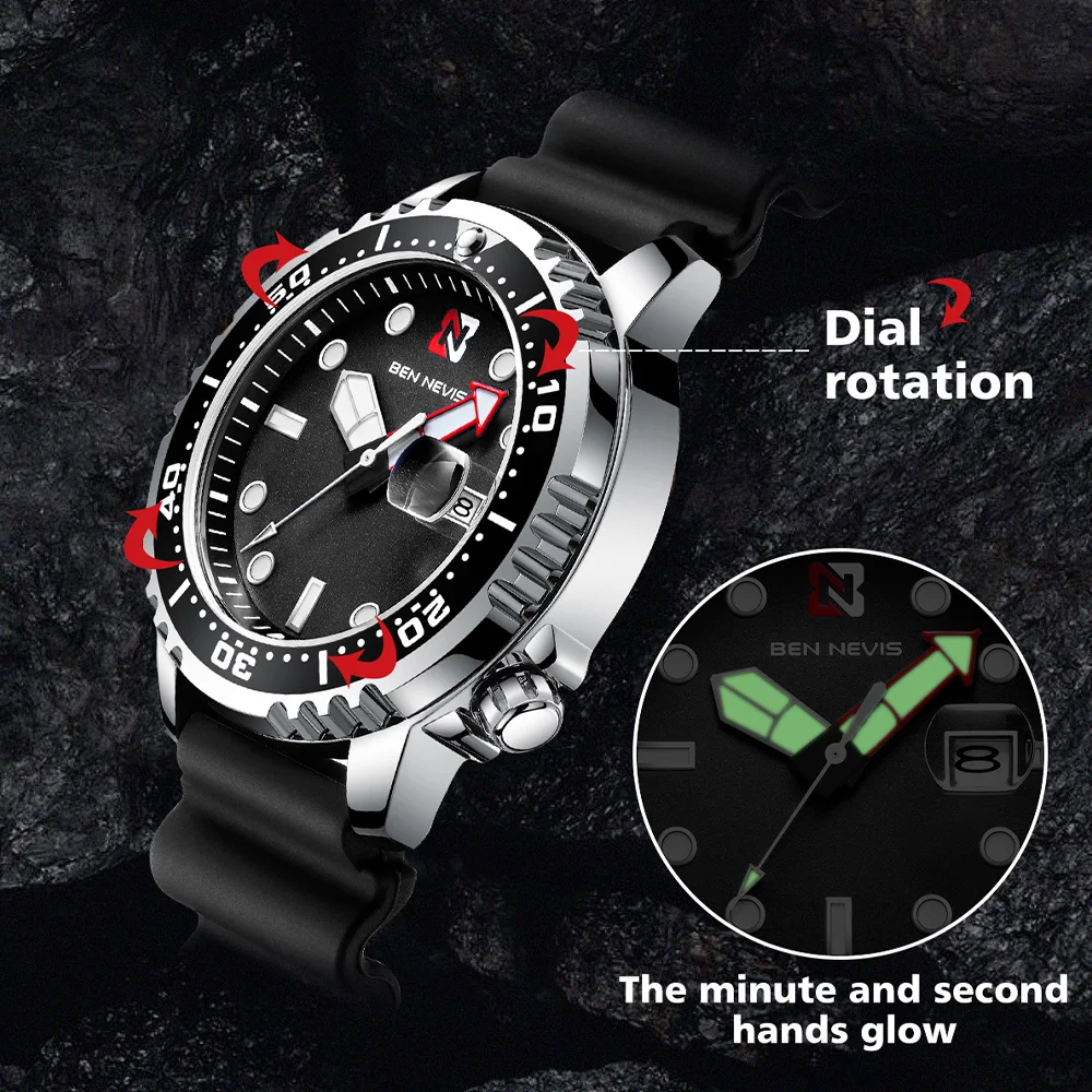 44mm BEN NEVIS Quartz Watch Quartz Movement Luxury Silicone Strap Black Diving Water Ghost Style Wristwatch