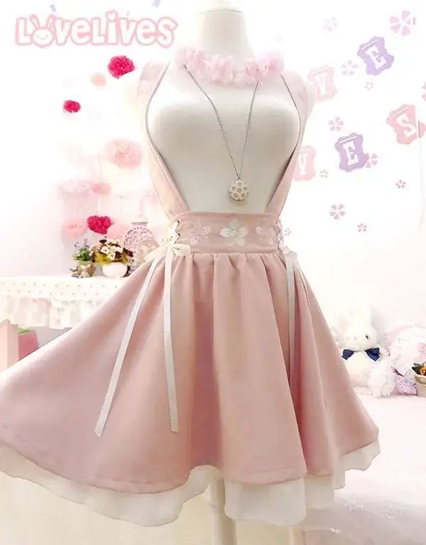 COYOUNG Store Japanese Style Sweet Lolita Girls Short Sakura Embroidery Young Girl Bestie Ribbon Suspender Skirt