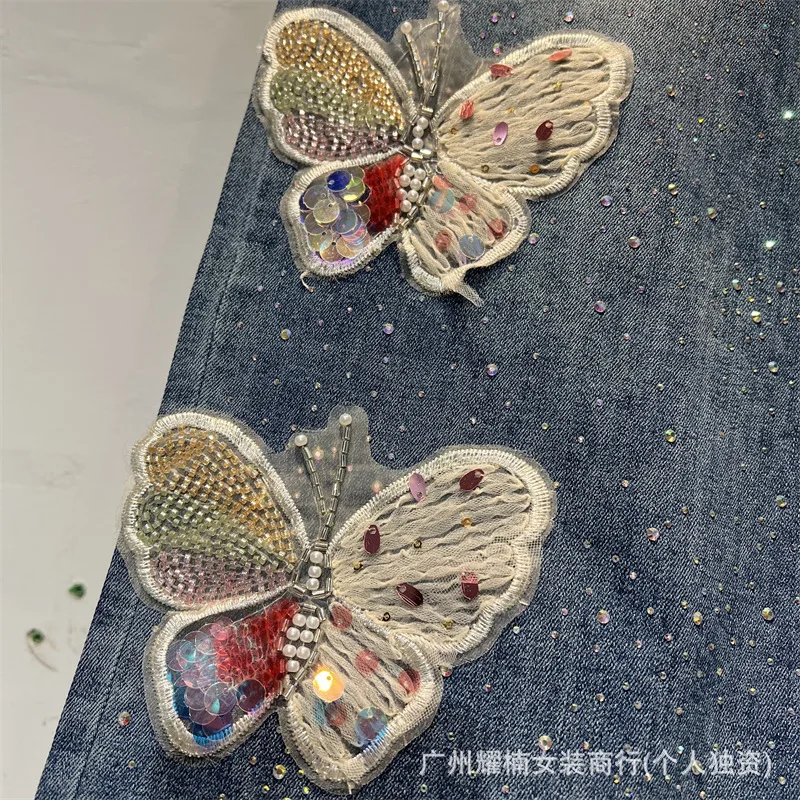 Fashionable New Autumn Women Loose Women Jeans Three-dimensional Beading Butterfly Elastic Waist Casual Wide Leg Denim Pants