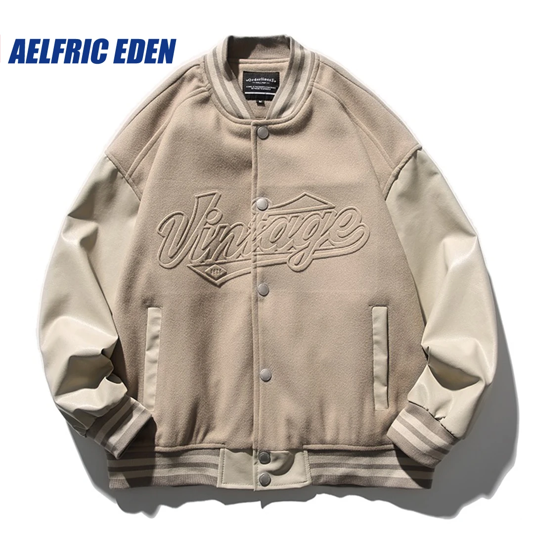 Aelfric Eden Letters Print Varsity Jacket Vintage Embrodiery Solid Color Leather Vintage Varsity Jacket Harajuku Casual Jackets