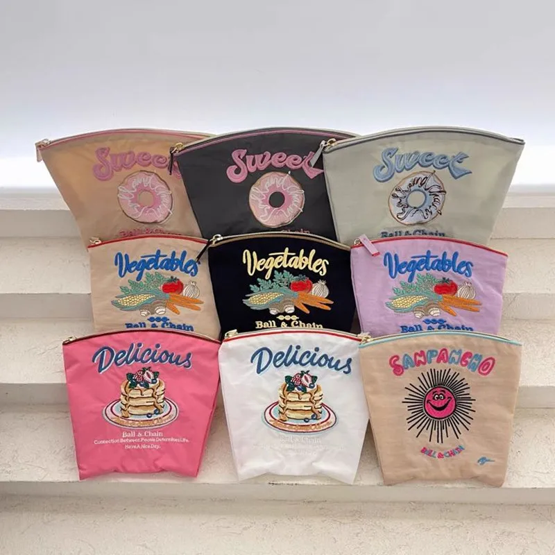 Embroidery Cake Makeup Bags for Women Ball Vegetable Doughnut Cosmetic Bags for Women 2023 Nylon Storage Handbags Mini Purses