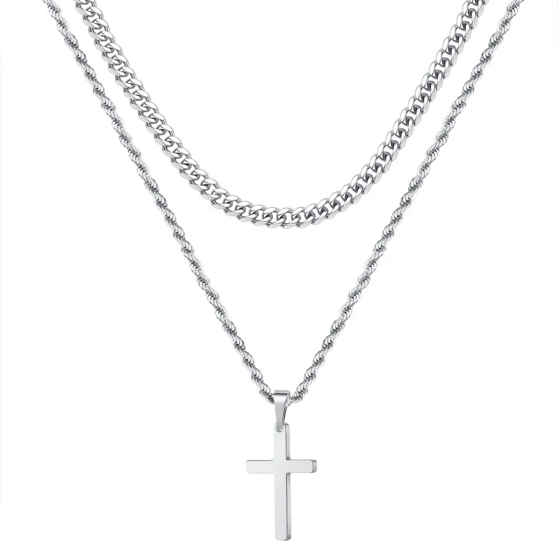Plating18KReal Gold Men's Stainless Steel Cross Necklace Multi-layer Stacked Pendant Necklace