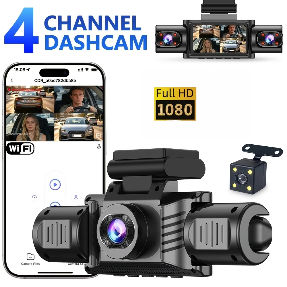 Wireless WiFi Smart Dashcam, 1080p Four-Channel Recording, G-Sensor, 24-Hour Parking Surveillance