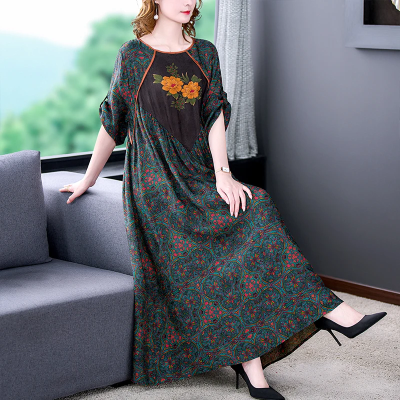 2024 Floral Mulberry Silk Maxi Dress Women Korean Vintage Casual Evening Dress Summer Elegant Loose Wasit Plus Size Party Dress