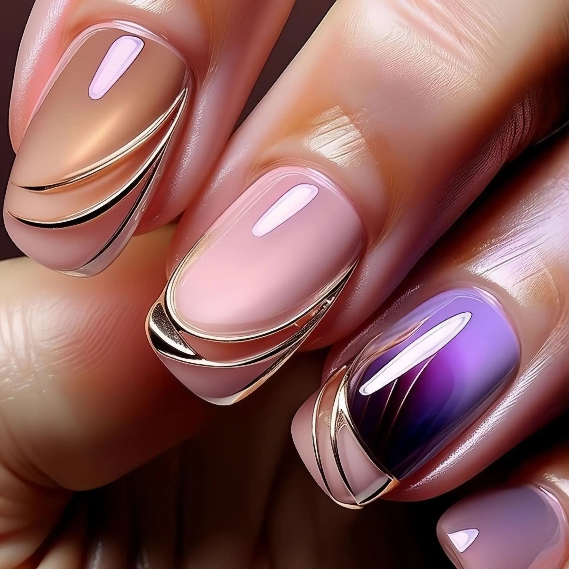 Kurze, mittellange künstliche Nägel mit Farbverlauf, rosa, lila, blau, goldene Farben, französische Streifen, glänzende oder glitzernde Spitzen, zum Aufdrücken falscher Nägel
