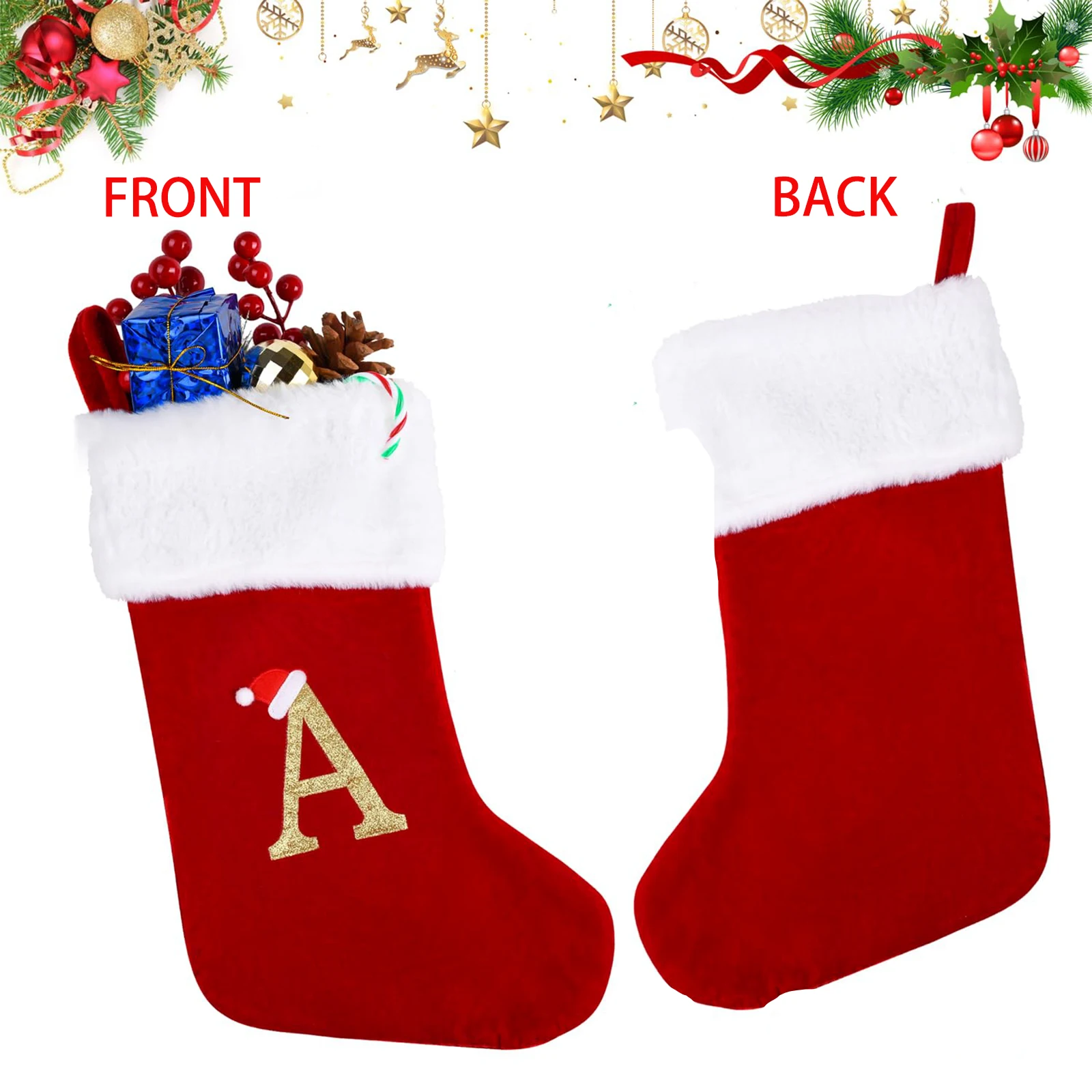 49CM Letter Embroidered Christmas Stockings Red Velvet White Plush Xmas Candy Sock Kid Gift Holiday Party Fireplace Tree Decor