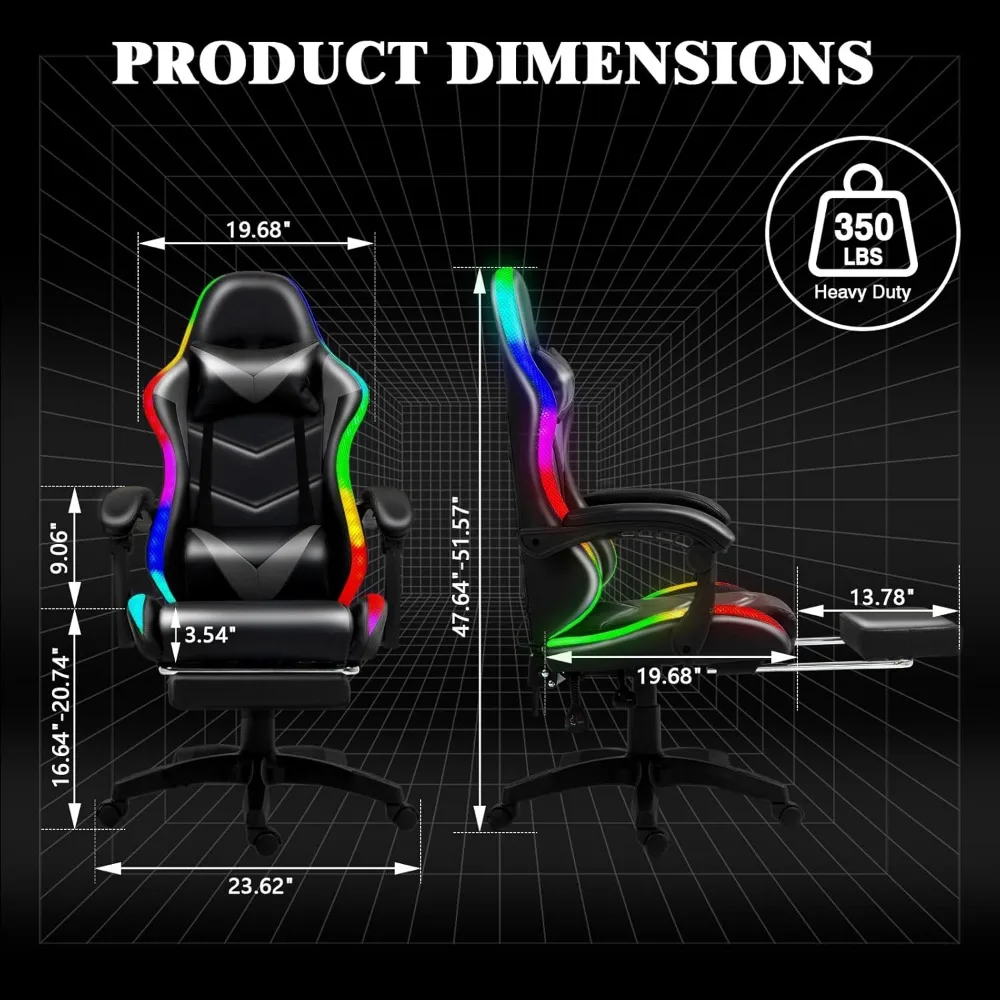 Racing-Style RGB LED Gaming Chair with Lumbar Massage for Adults and Kids, High-Back Reclining Comfort