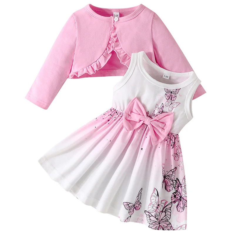 2Piece Spring Autumn Toddler Girl Outfits Set Solid Cotton Long Sleeve Shawl+Cute Bow Butterfly Dress Newborn Baby Clothes BC079