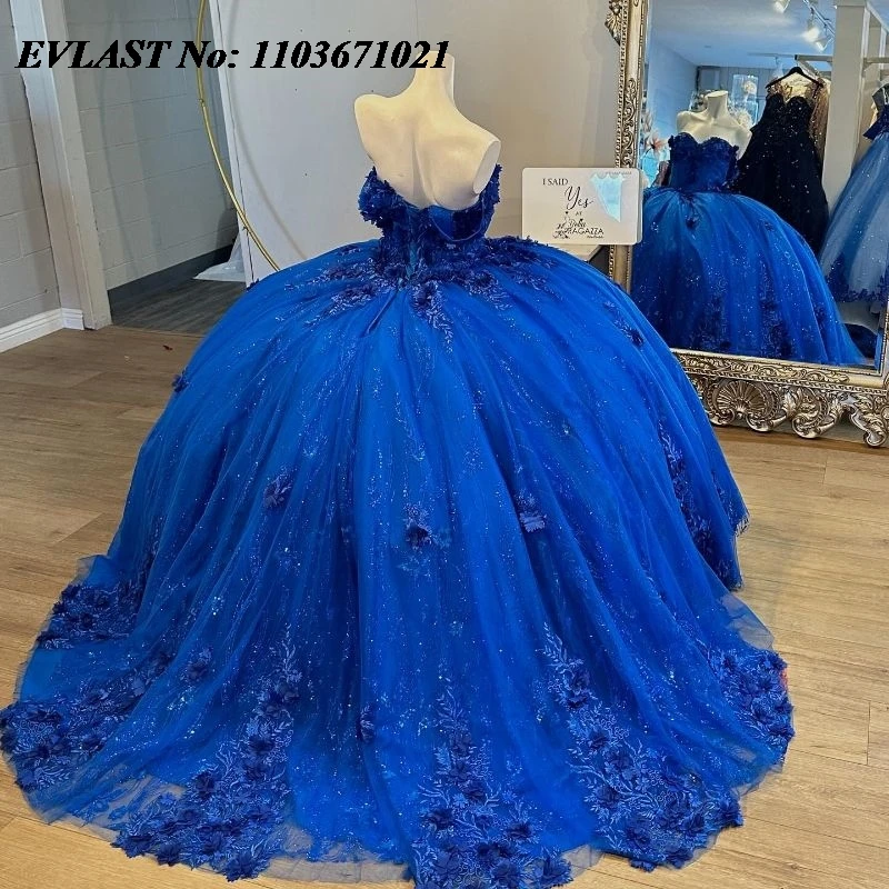 EVLAST Customized Royal Blue Quinceanera Dress Ball Gown 3D Floral Applique Beading Corset Sweet 16 Vestidos De XV 15 Anos SQ105