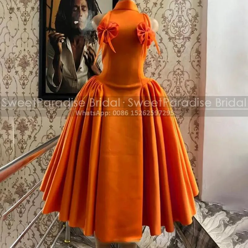 

Tea Length Prom Dresses Pleat A Line Flowers High Neck Sleeveless Customized Evening Dress Party For Women