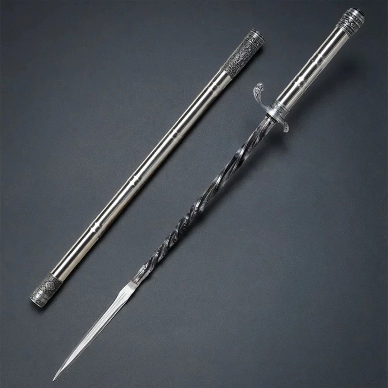 Auspicious Cloud Square Quad Prism Hidden Spear Sword Twisted Spiral Shaft Blade Metal Tube Scabbard Concealed Short Spear