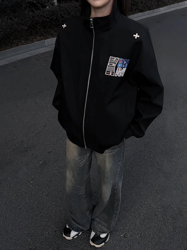 

Retro American Embroidered Jaet Men's Spring Autumn Trendy High Street Baseball Pilot Jaet Loose Fit Long Sve Zipper