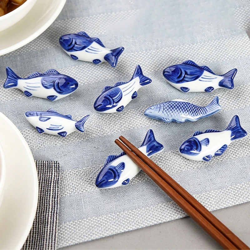 Juego de 9 Soportes de Cerámica para Palillos, Diseño de Pez Azul, Porta Utensilios, Soporte para Cucharas de Restaurante, Estilo Japonés, para Mesa de Sushi