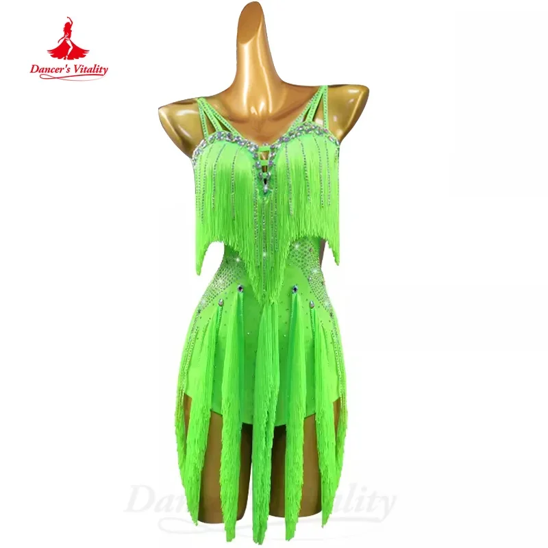 

Latin Dance Competition Dresses Customized Luxurious Rhinestone Sexy Backless Tassel Dress Tango Chacha Samba Perform Clothing