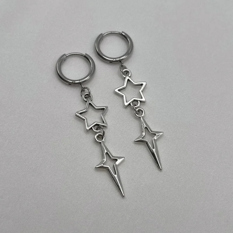 Star link earrings | grunge jewelry hypoallergenic y2k alt goth edgy punk silvery dangly nickel free