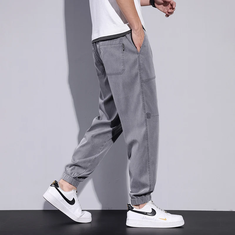 Calça casual bordada com estilo básico masculina, calça fina e elástica com cordão, roupa coreana, vitalidade juvenil, verão, 2024