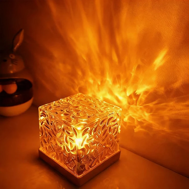 Cube Water Ripple Projector Night Light RGB Color‑Changing Crystal Lamp with Remote Dynamic  Perfect Gift for Men Women Kids
