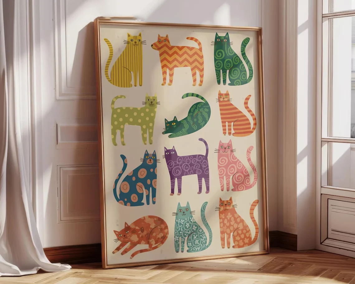 „Whimsical Aquarell-Katzen-Kunstdruck – bezaubernde Pflanzenoberteil-Kätzchen in einem Korb, Wanddekoration für Wohnzimmer, Kinderzimmer, Heimbüro |