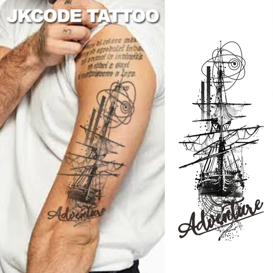 

Травяная татуировка на Хэллоуин - Татуировка в стиле морской тематики Cool Style Sketch Tattoo - Таинственный призрак Пиратский корабль - Готический стиль ужасов - Дизайн с черным жемчугом на английском языке - Повседневная татуировка для мужчин и женщин 