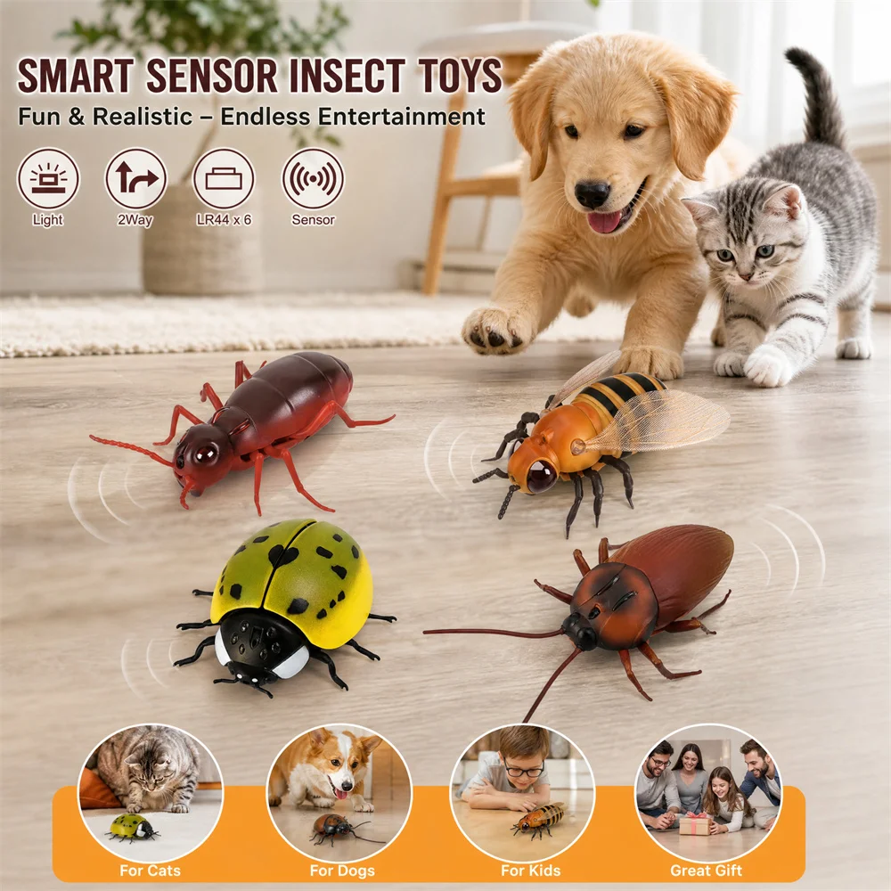 Infrared Sensor-Activated Ant Toy with LED Light & Auto Obstacle Avoidance, Reverse, Interactive Pet Toy for Cats Dogs Kids
