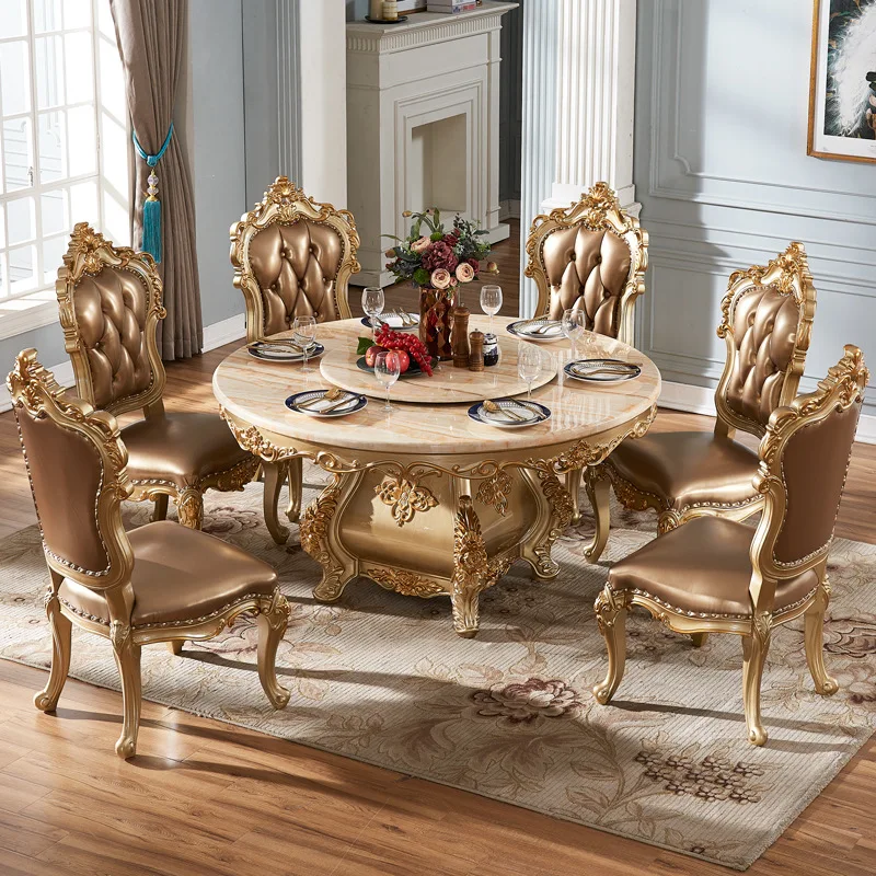 

European marble, dining table and chair combination, all solid wood, carved, luxury, villa, round, with turntable