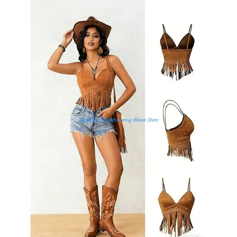 E56A Women's Fringe Sleeveless Faux Suedes Hippie Crop Top Blouse V Neck Star Studded Fit Camisole Vest