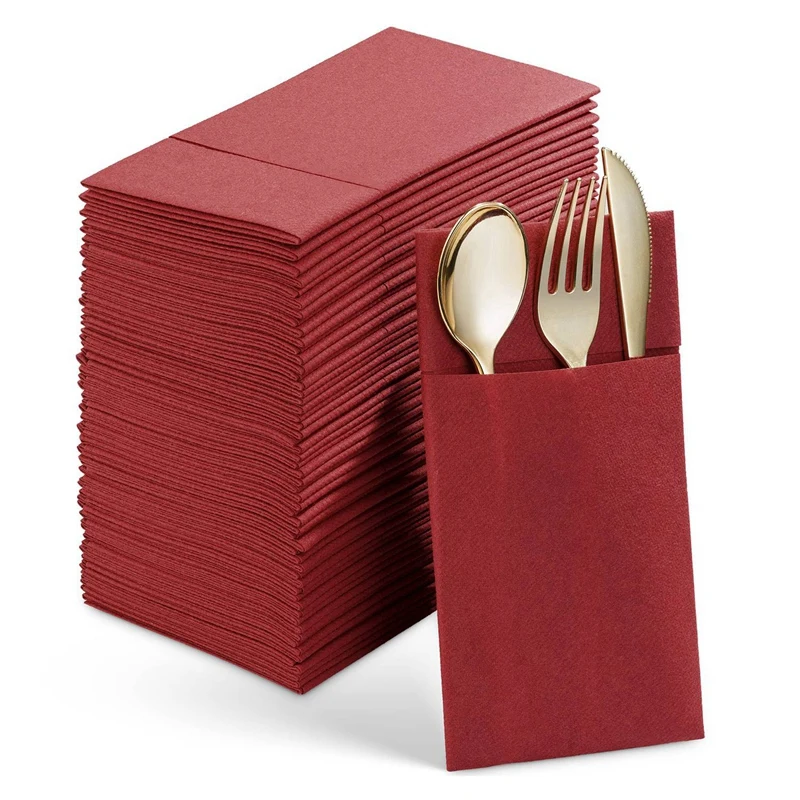 50PCS Disposable Dinner Napkins With Built-In Flatware Pocket,Prefolded Cloth Like Paper Napkins For Wedding Party Red Durable