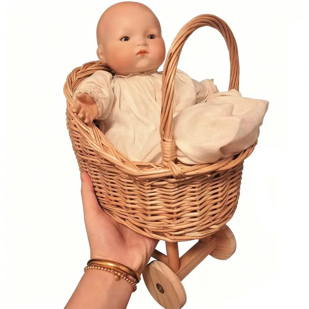 

Woven Flower Basket Stroller Shaped with Handle Candy Basket with Wheels Floral Rustic Carriage Planter Photography Props