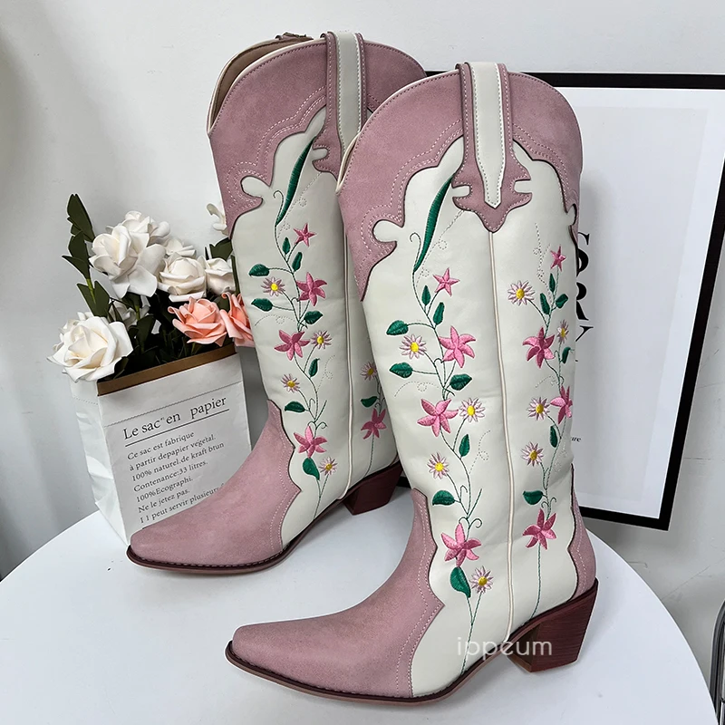 IPPEUM Cowgirl Boots Pink Flower Embroidered Knee Shoes For Women Mid Calf Western Botas Cowboy Mujer Fashion