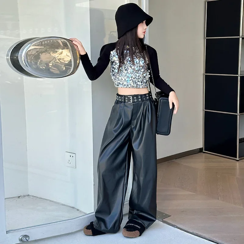 Mädchen Hip Hop K-pop Pailletten Crop Top Glänzende PU Leder Hosen Street Dance Kostüm Kinder Streetwear Kinder Jazz Bühne kleidung Set
