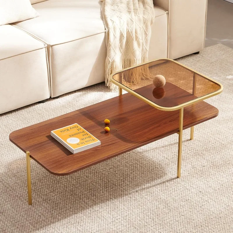 Modern Glass and Wood Coffee Table for Living Room, Mid-Century Brown Glass Coffee Table, Double Layer Center Table.