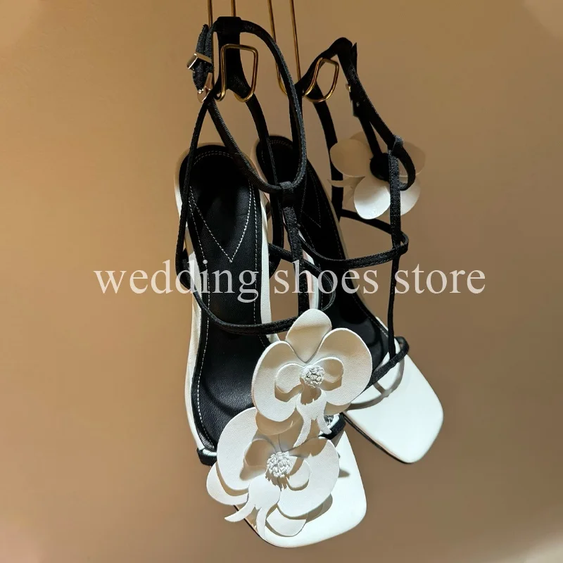 Black White New High Heels for Women Flower High-Heeled Sandals Square Toe Stiletto Heels Luxury Wedding Party Woman Sandals 9CM