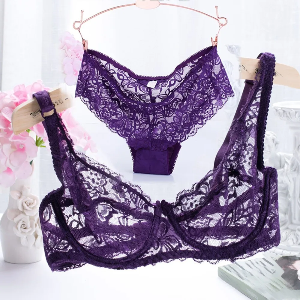 

Women Lace Embroidery Underwear Set Sexy Bra 3/4 Cup Thin Transparent Bra Panty Set Sexy Lingerie Woman Clothing